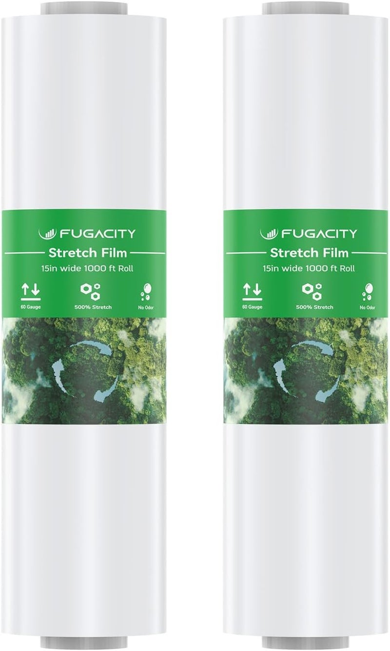 FugaCity Stretch Wrap Film-2 Pack 15 inch Wide 1000ft Heavy Duty Shrink Wrap,60 Gauge 500% Stretch Industrial Strength for Pallet Wrap, Furniture Wrapping Moving & Protection (Rolls Only) - Image 1